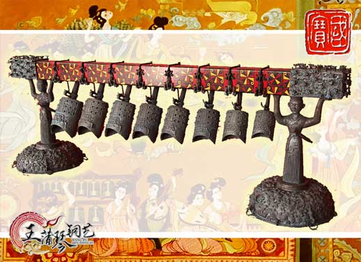 8件古編鐘，銅人銅座裝飾，可發(fā)音